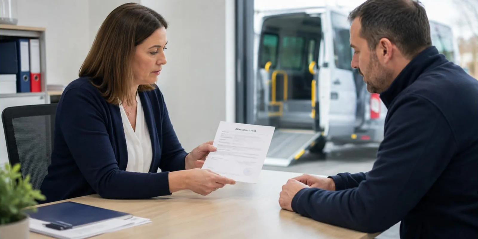 Responsable d’exploitation et conducteur examinant une attestation TPMR dans un bureau, minibus adapté rampe déployée en arrière-plan