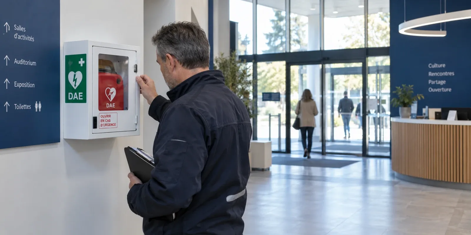 Un homme relève l’état d’un défibrillateur automatisé externe placé dans son boîtier mural, dans le hall d’accueil vitré d’un établissement recevant du public