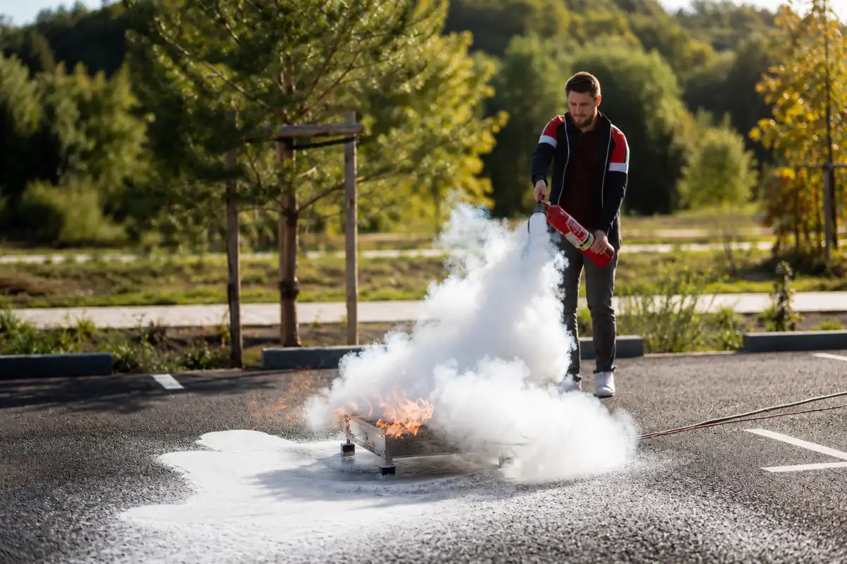 Exercice EPI : un apprenant éteint un bac à feu réel avec un extincteur