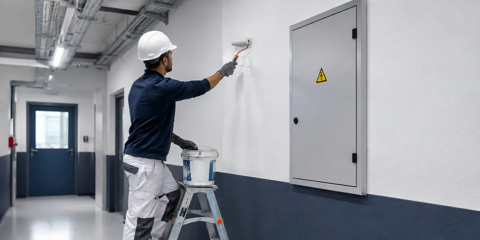 Un peintre en casque blanc passe un rouleau sur le mur d’un couloir technique, juste à côté d’une armoire électrique fermée signalée par un pictogramme de danger