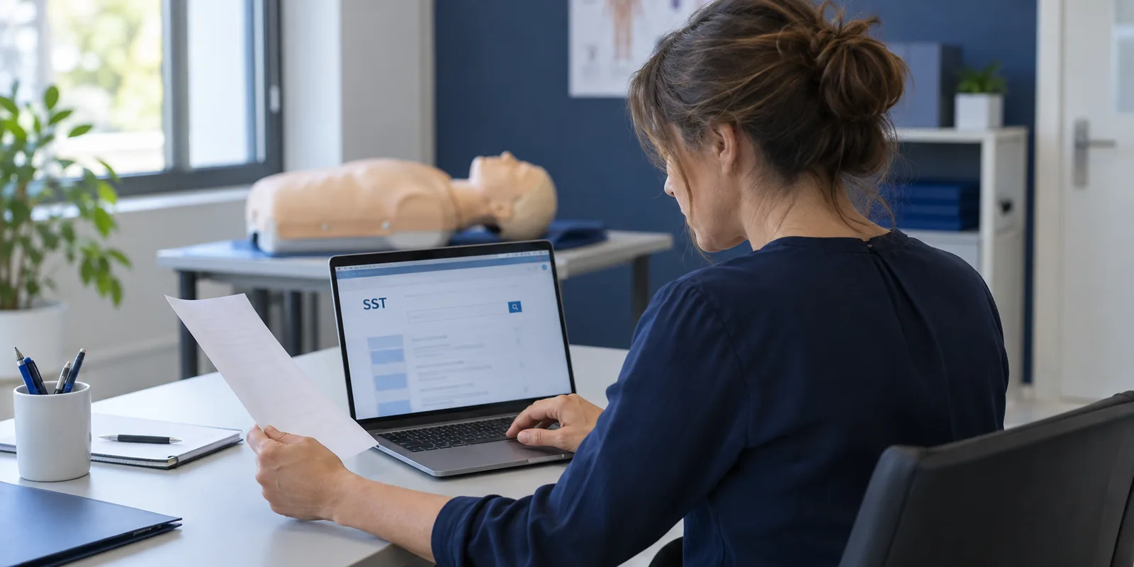 Une responsable formation compare un document papier avec une fiche affichée sur son ordinateur portable, dans un bureau où un mannequin de secourisme est installé en arrière-plan