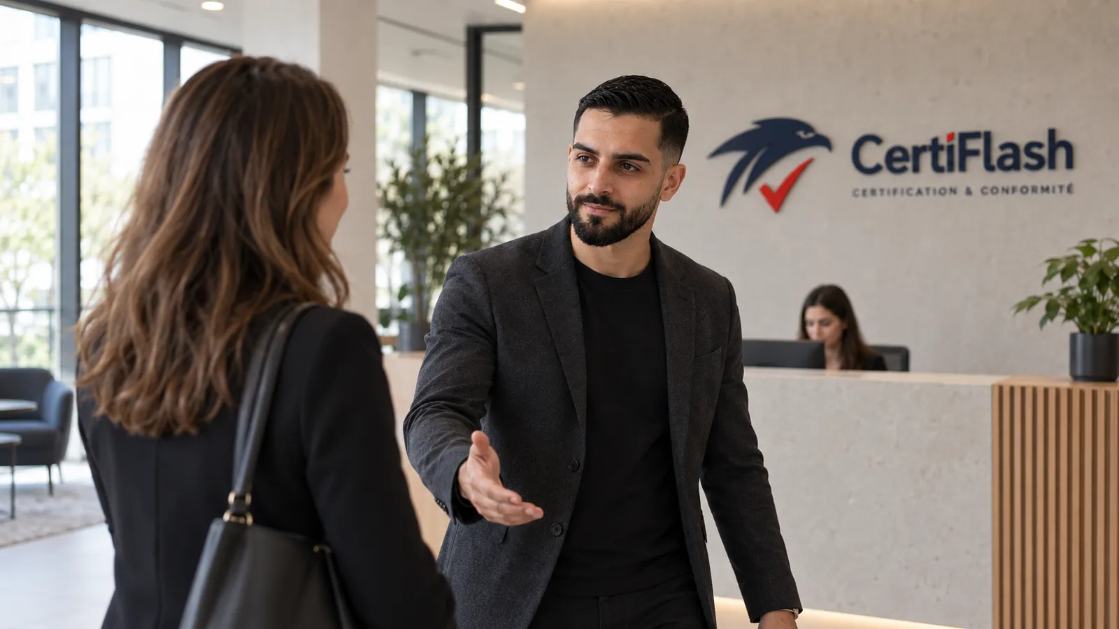 Un dirigeant accueille une visiteuse dans le hall d’un organisme de formation