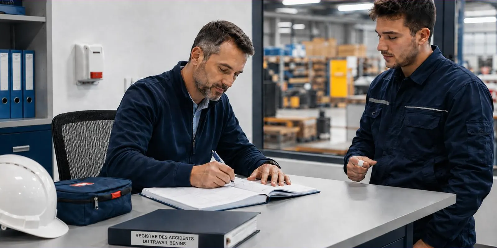 Un responsable renseigne le registre des accidents du travail bénins au bureau d’un atelier, sacoche de premiers secours et casque de chantier posés à côté